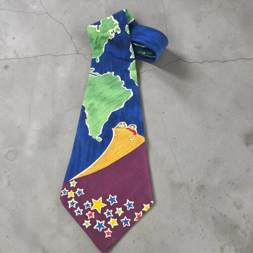 VTG Save the Children Silk Tie World Map Stars Michael Age 13 Blue Purple Mens